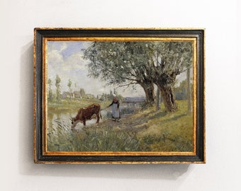Cow Painting, Cows Vintage Print, Country Landscape, Farmhouse Decor, Vintage Painting / P338