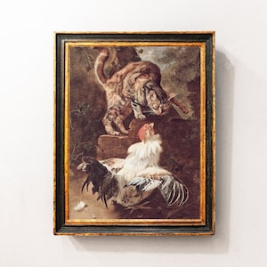 Cat and Rooster Painting, Cat Print, Animal Wall Art, Cats Lover Gift, Farmhouse Print / P733