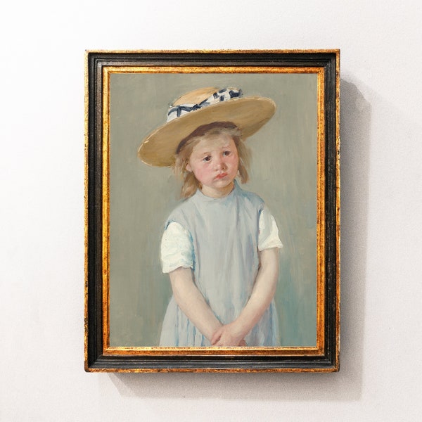 Child in a Straw Hat, Girls Portrait Painting, Child Portrait, Nursery Print, Vintage Oil Painting / P778