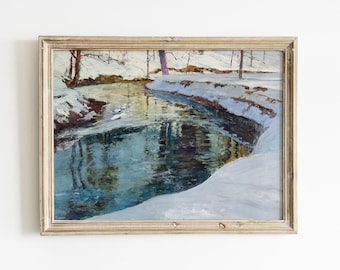 Winter Painting, River Landscape, Snow Painting, Countryside Decor, Vintage Art / P436