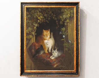 Vintage Cats Painting, Cat Portrait, Nursery Wall Art, Cats Lover Gift, Mailed Print / P895