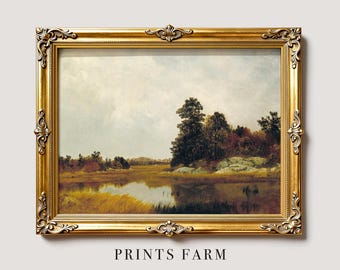 River Landscape Print, Vintage Autumn Painting, Cottage Wall Decor /P533