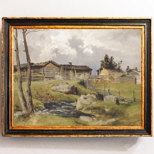 Rustic Farmhouse Landscape Print, Vintage Countryside Painting, Rural Homestead Wall Art / P933