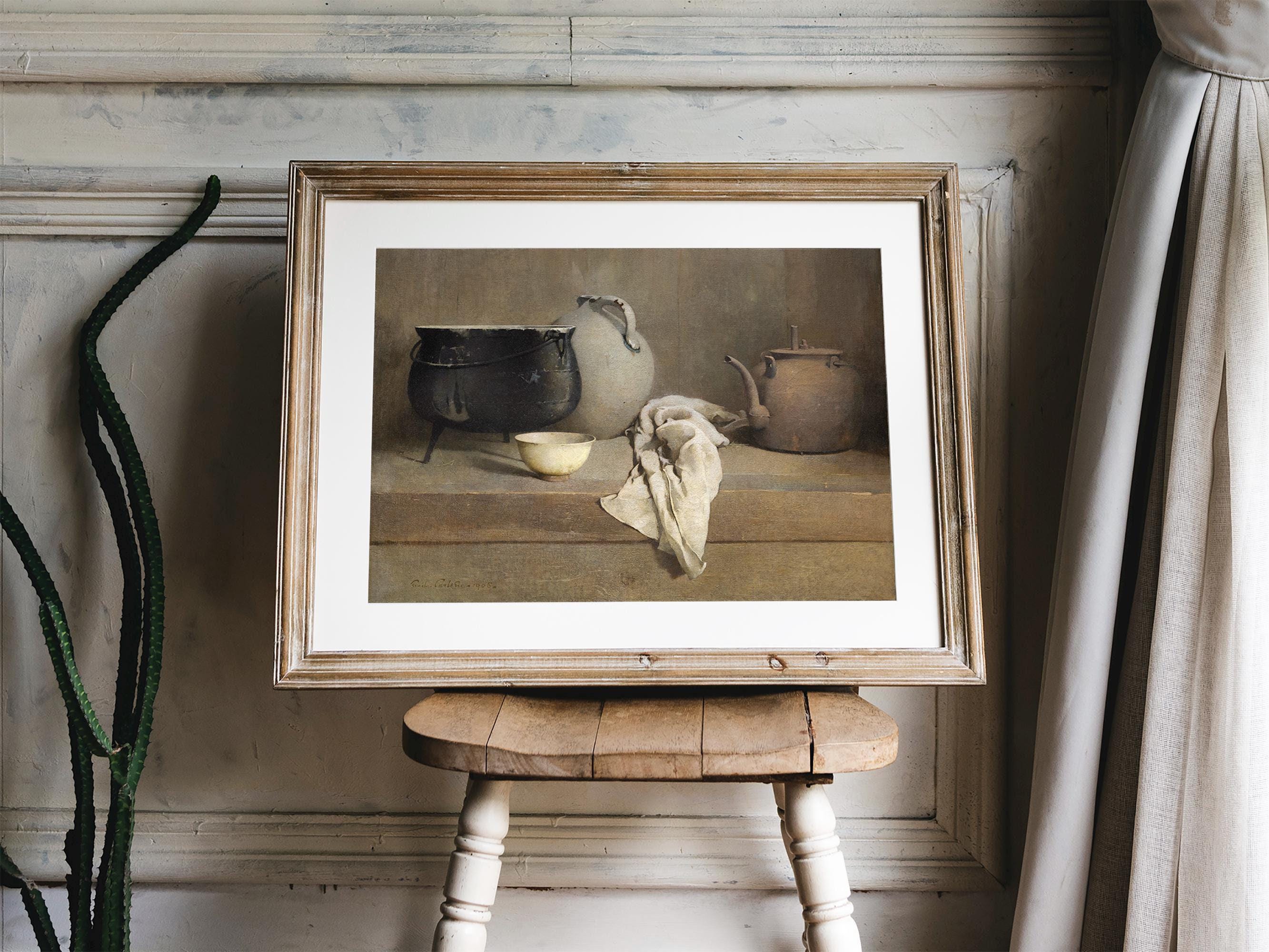 Pot Still Life, Still Life Painting, Vintage Kitchen Print, Farmhouse Painting, Mailed Print / P48