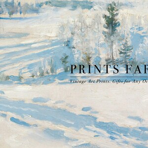 Snowy landscape painting in soft blues and whites, depicting trees and fields under snow. Text on top reads “PRINTS FARM” and “Vintage Art Prints.”