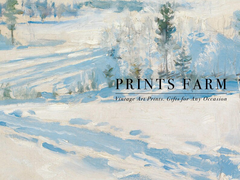 Snowy landscape painting in soft blues and whites, depicting trees and fields under snow. Text on top reads “PRINTS FARM” and “Vintage Art Prints.”