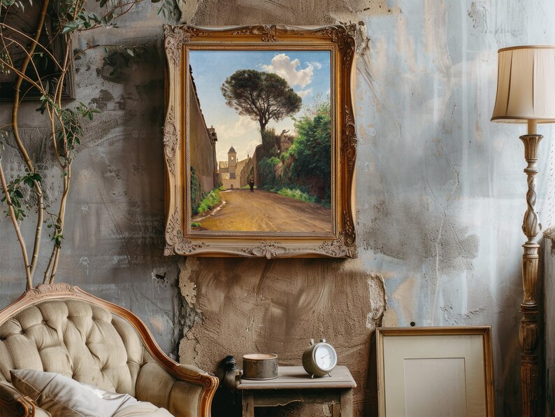 Vintage room with a textured wall features a classic armchair, a large antique frame displaying a landscape painting, and a tall, elegant lamp.