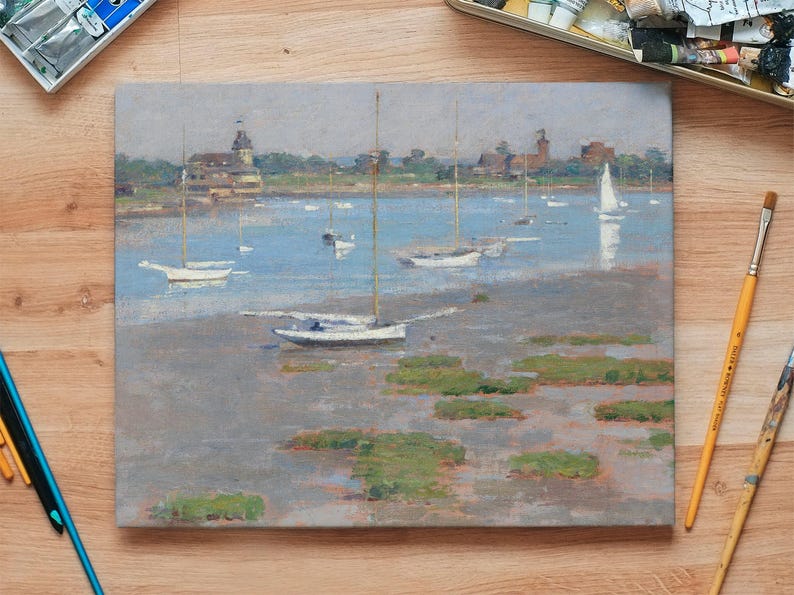 A painting of a harbor scene with sailboats in the water. The boats are white and the water is a light blue. The sky is a light gray. There are buildings in the background.