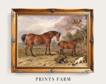 Equestrian Print, Horses and Dogs Painting, Farmhouse Decor / P158
