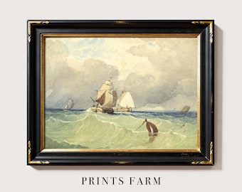 Sailing Ship Seascape Painting , Vintage Coastal Watercolor, Beach House Decor / P770