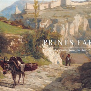 Pastoral scene with a donkey carrying firewood on a rocky path, followed by a man. Text reads "Prints Farm: Vintage Art Prints, Gifts for Any Occasion."