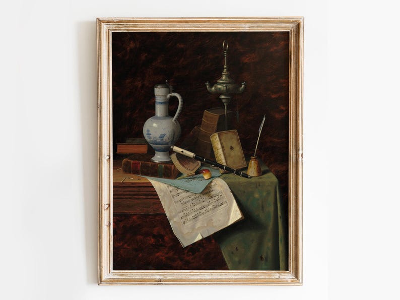 This antique still life captures the essence of a musician's world. The carefully arranged objects tell the story of creativity, inspiration and dedication to the art of music.The overall composition exudes a sense of calm and contemplation.