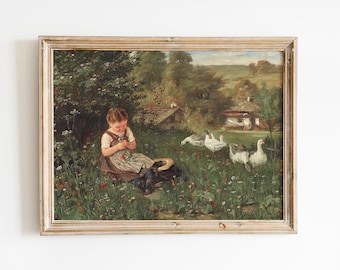 Goose Shepherd, Farmhouse Decor, Landscape Painting, Country Landscape, Mailed Print / P824