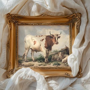 A painting of a cow and sheep in a pastoral scene is framed elaborately in gold. The frame rests on soft, crumpled white fabric, creating a serene and classic atmosphere.
