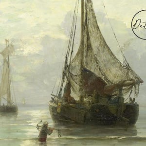 A painting of two sailboats on a calm body of water. The larger sailboat has a net sail and is in the foreground. The smaller sailboat is in the background. A person in a boat is pulling on a rope attached to the larger sailboat.
