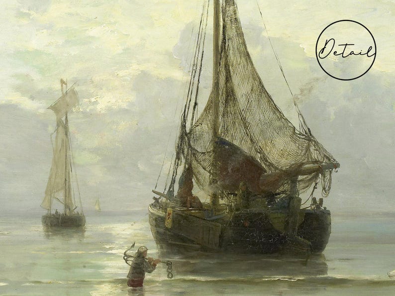A painting of two sailboats on a calm body of water. The larger sailboat has a net sail and is in the foreground. The smaller sailboat is in the background. A person in a boat is pulling on a rope attached to the larger sailboat.