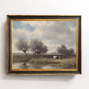River Landscape, Meadow Landscape, Cows Painting, Farmhouse Art, Vintage Print / P299