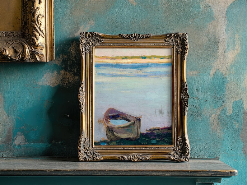 A framed painting of a solitary boat on calm water rests on a textured teal wall. The serene scene evokes tranquility and nostalgia.