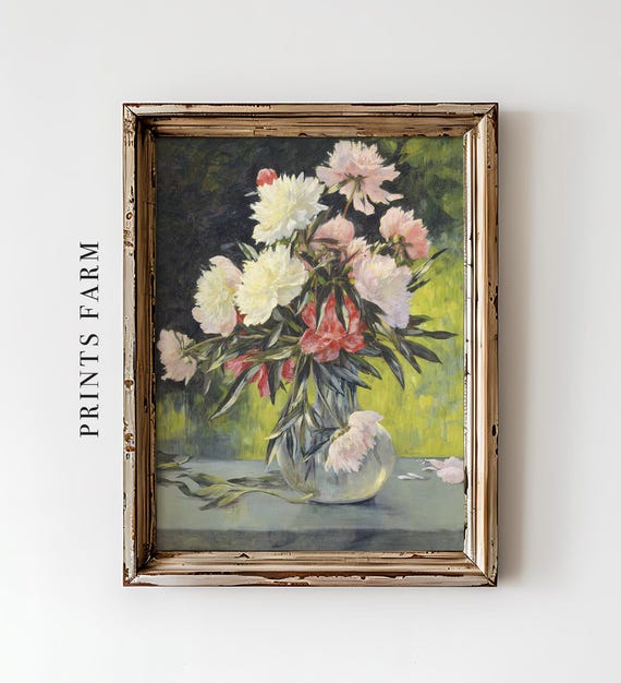 Vintage Peonies Print, Flowers Still Life, Cottagecore Art / P357