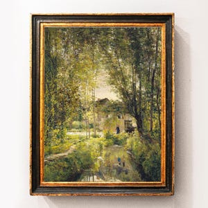 River Landscape, Cottage Painting, Rural Landscape, Farmhouse Decor, Vintage Print / P263