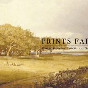 Wide landscape painting with grazing sheep under golden trees. Soft, warm tones convey tranquility. Text reads: "Prints Farm, Vintage Art Prints, Gifts for Any Occasion."