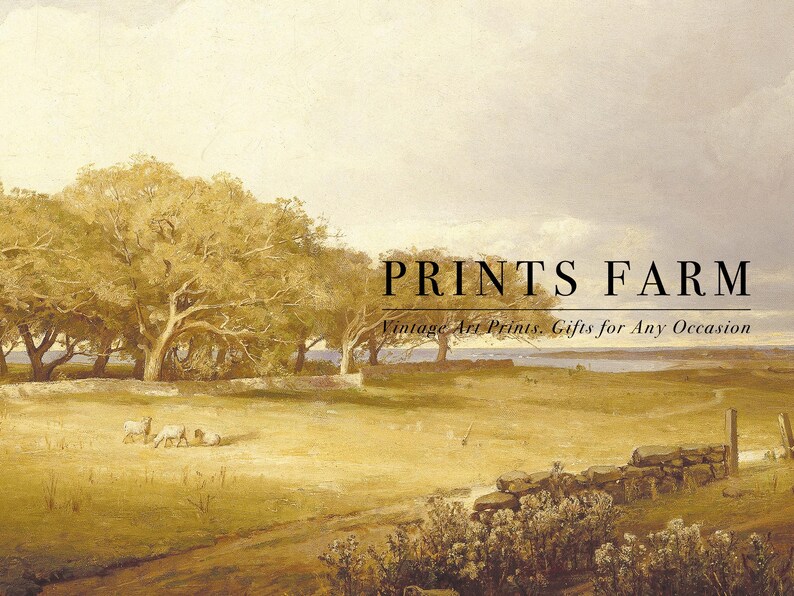 Wide landscape painting with grazing sheep under golden trees. Soft, warm tones convey tranquility. Text reads: "Prints Farm, Vintage Art Prints, Gifts for Any Occasion."