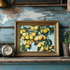 A rustic shelf displays a framed painting of yellow apples on branches. Beside it are an ornate lamp, an old clock, and potted plants, evoking a vintage charm.