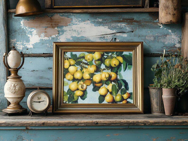 A rustic shelf displays a framed painting of yellow apples on branches. Beside it are an ornate lamp, an old clock, and potted plants, evoking a vintage charm.