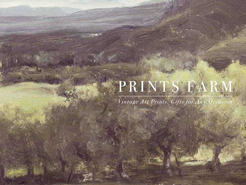 A serene landscape painting with muted greens and browns depicts a pastoral scene with distant hills. Overlaid text reads "PRINTS FARM: Vintage Art Prints, Gifts for Any Occasion." The tone is tranquil and nostalgic.