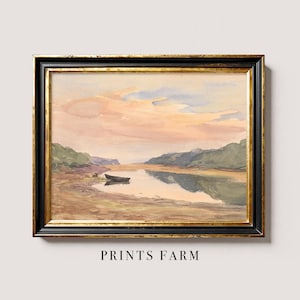 Tableau vintage au bord d'un lac, impression de paysage de bateau / P315