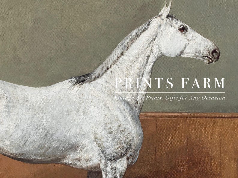 A detailed painting of a white horse with a gray mane stands against a muted green background. Text overlay reads "Prints Farm: Vintage Art Prints, Gifts for Any Occasion."