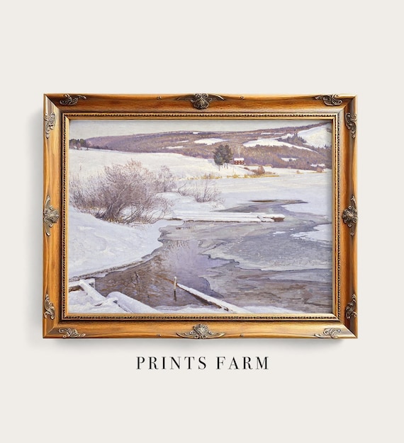Vintage Winter River Print, Countryside Painting / P454