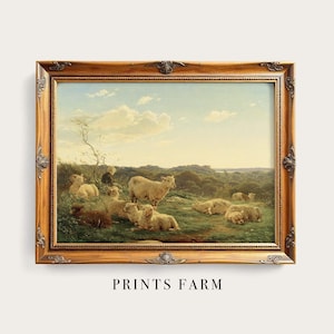 A framed painting of sheep grazing in a serene meadow under a blue sky with clouds. The landscape is lush and peaceful. Caption below reads "Prints Farm."