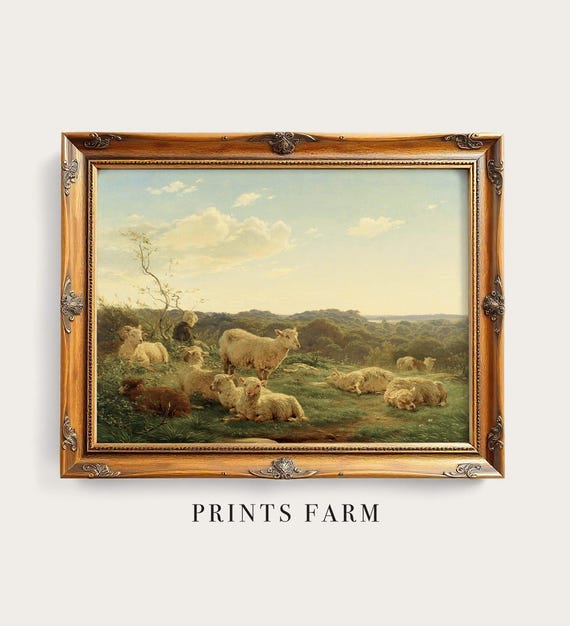 Vintage Sheep Painting, Farmhouse Cottage Wall Art, Countryside Decor / P746