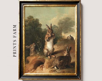 Wild Rabbits Burrow Oil Painting, Vintage Woodland Animal Wall Art / P1019
