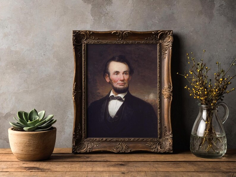 A framed portrait of a man in a suit is on a wooden table. Beside it, a potted succulent and a clear vase with branches add a natural touch.