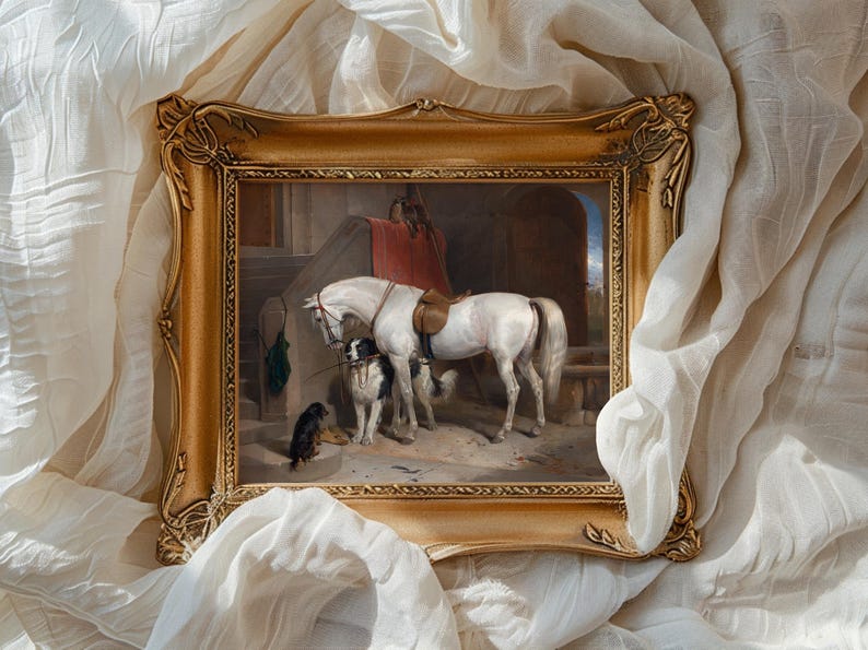 Framed painting of a white horse with two dogs, set in a stable. The frame is ornate, surrounded by billowing white fabric, conveying elegance.