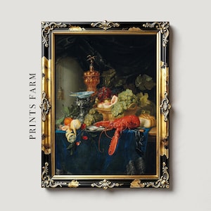 Elegant still life painting in ornate gold frame. Features lobster, fruit, and wine on blue cloth, conveying opulence and abundance.