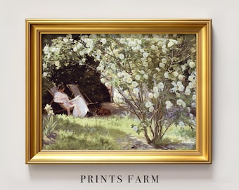 Country Landscape, Rose Garden, Cottage Painting, Farmhouse Decor / P684