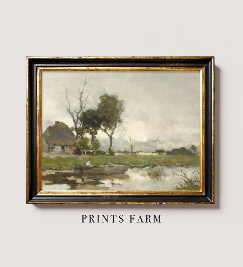 Framed landscape painting of a serene countryside. Features a thatched cottage, tall trees, and a reflective pond under a cloudy sky. Titled "Prints Farm."