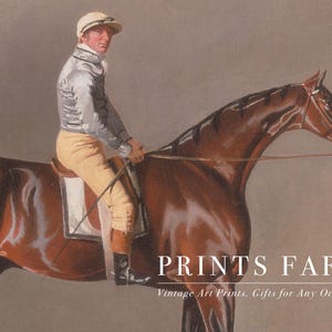 Jockey in vintage attire sits confidently on a glossy brown horse. The image exudes elegance and tradition. Text reads "Prints Farm: Vintage Art Prints."