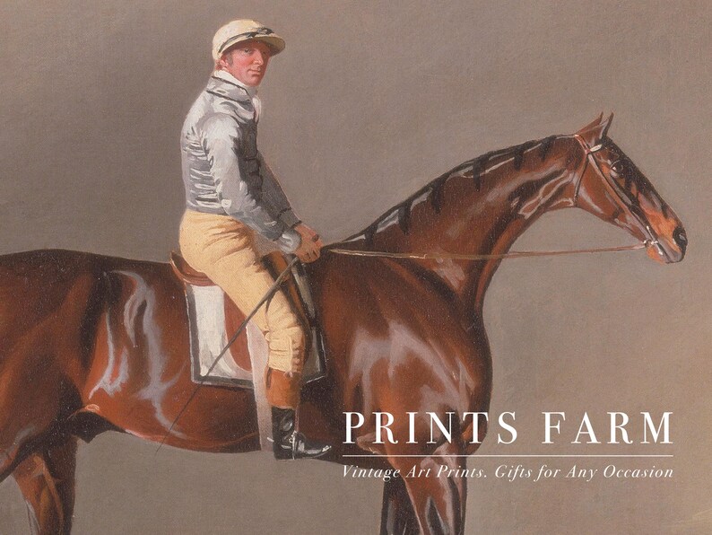 Jockey in vintage attire sits confidently on a glossy brown horse. The image exudes elegance and tradition. Text reads "Prints Farm: Vintage Art Prints."