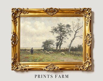 Sheep Landscape Painting, Vintage Country Art Print, Cottagecore Decor / P640
