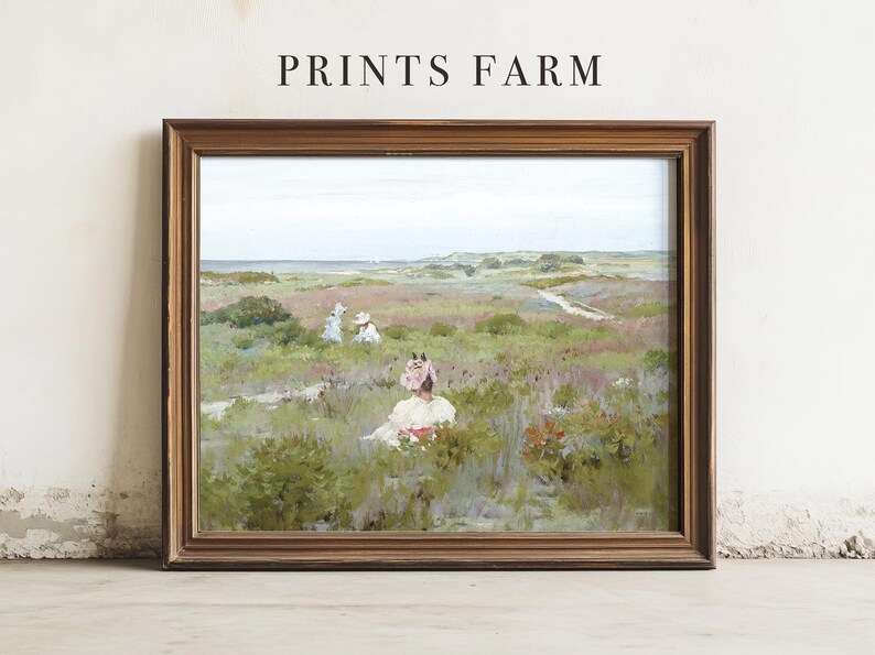 May include: A framed landscape painting with a vintage aesthetic. The artwork depicts a field of green and purple vegetation, with figures in white dresses and hats. The text "PRINTS FARM" is at the top of the frame.
