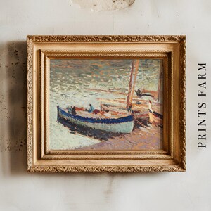 A framed impressionist painting of boats on water hangs on a textured wall. The art features soft, blended brushstrokes. "PRINTS FARM" is written vertically.