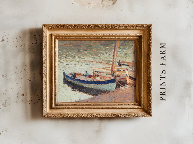 A framed impressionist painting of boats on water hangs on a textured wall. The art features soft, blended brushstrokes. "PRINTS FARM" is written vertically.