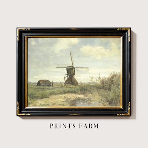 Dutch Windmill Print, Countryside Painting, Vintage Farmhouse Decor / P190