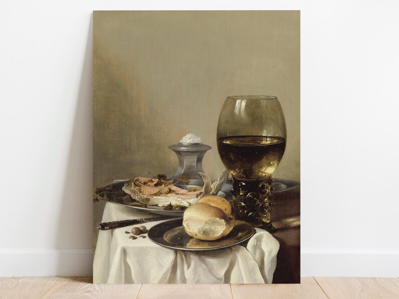 A classic still life painting features a glass of wine, bread roll, oysters, and fish on a richly draped table. The mood is tranquil and elegant.
