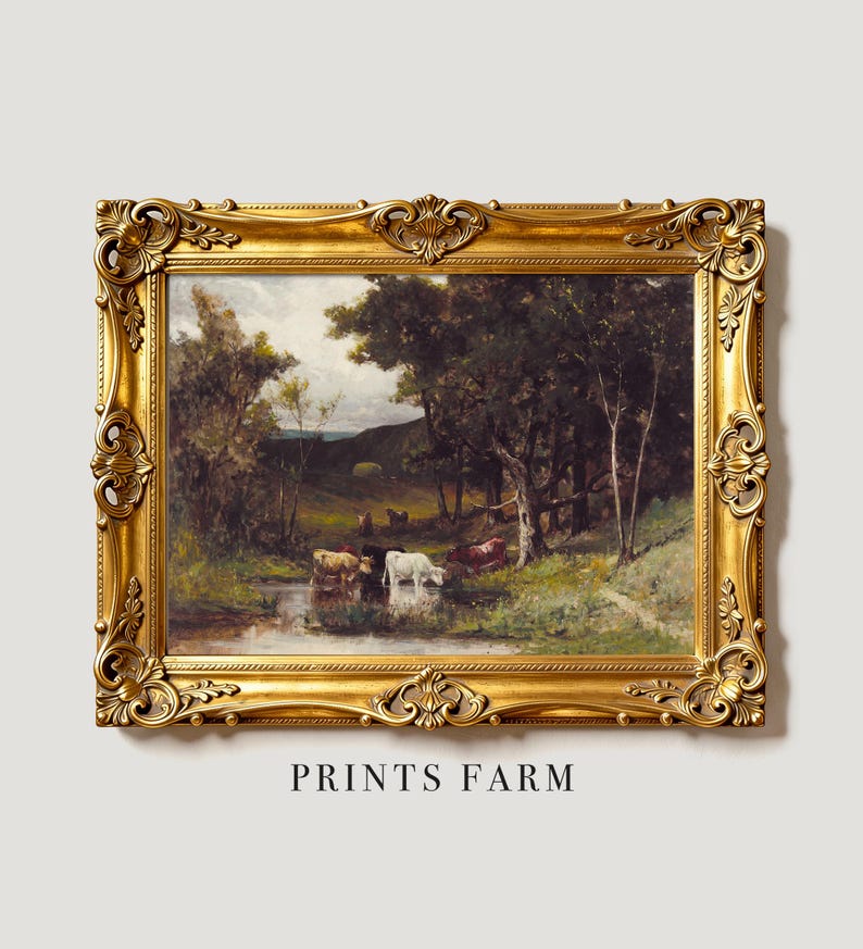 A pastoral painting in an ornate gold frame depicts cows by a stream under trees. The scene conveys tranquility with lush greenery and distant hills.