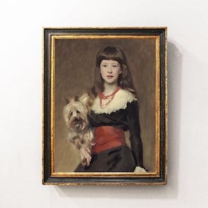 Girl with Dog Portrait, Girl Portrait, Girl Vintage Print, Woman Portrait, Antique Portrait, Home Decor / P396